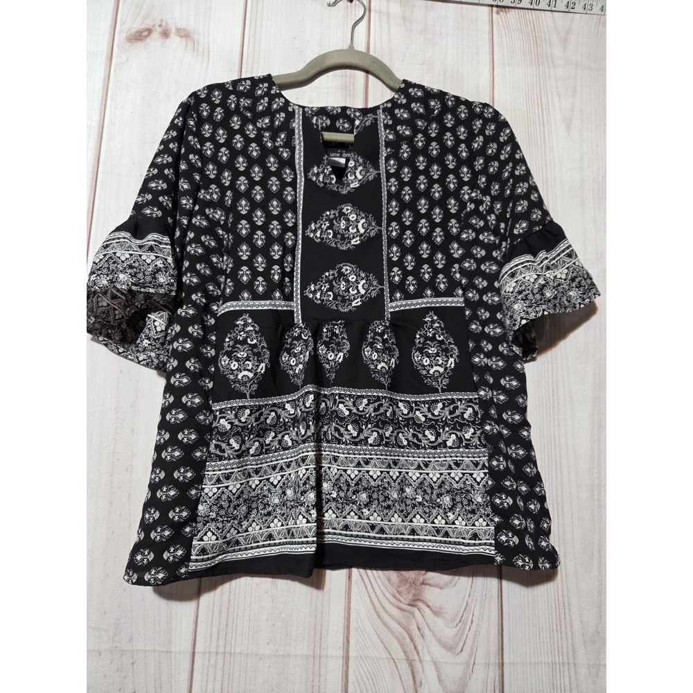 Une Ame Women Black White Printed Chiffon Split Neck Flutter Sleeve Blouse S